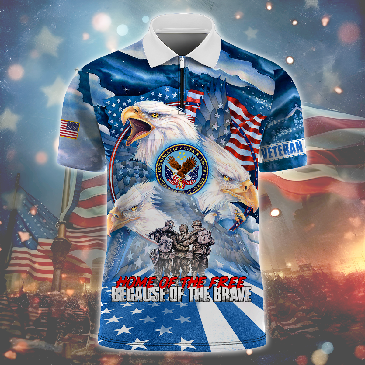 Independence Day, Home Of The Free, US Veterans Zipper Polo , Gifts for veterans