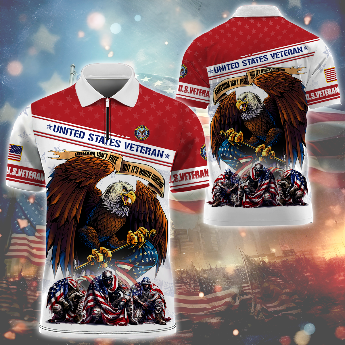 Apparel - Freedom Isn't Free - U.S Veteran Zipper Polo , Gifts for veterans