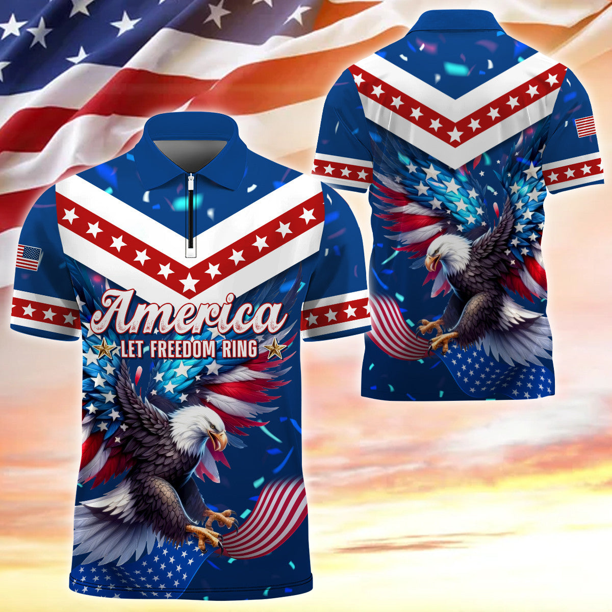 America Let Freedom Ring US Veterans - Zipper Polo , Gifts for veterans
