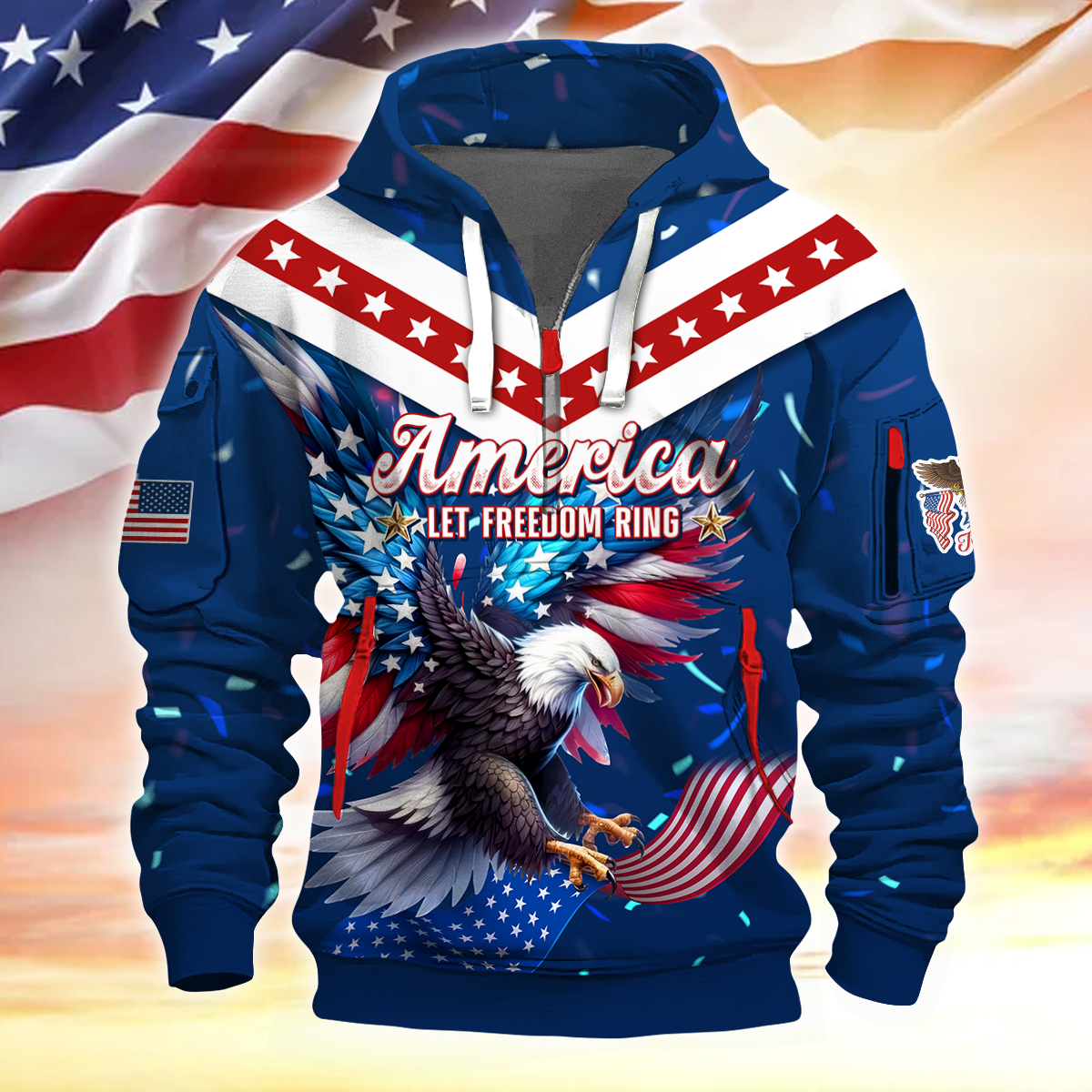 America Let Freedom Ring US Veterans - Hoodie Half Zipper , Gifts for veterans