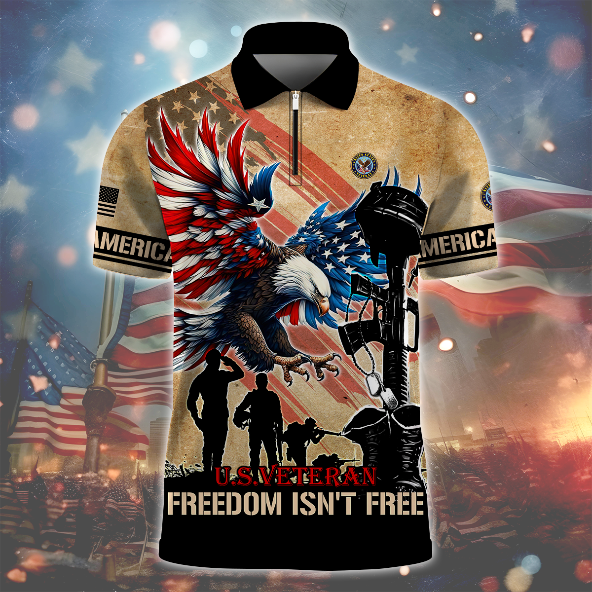 U.S.VETERAN - FREEDOM ISN'T FREE - ZIPPER POLO , Gifts for veterans