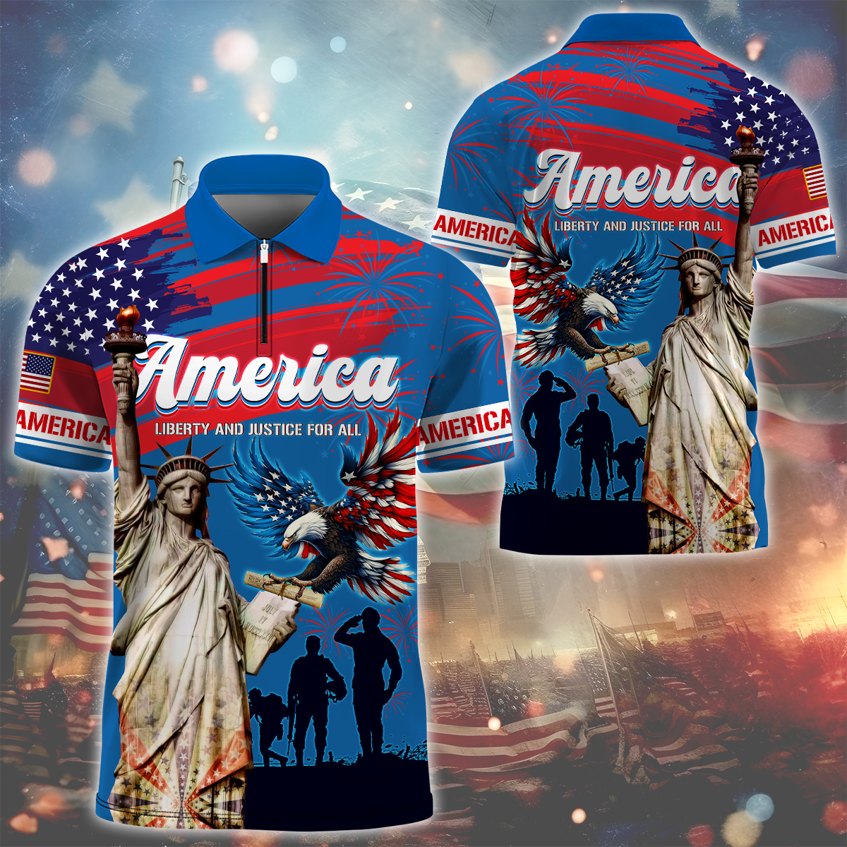 Independence Day - Liberty and Justice For All - Zipper Polo , Gifts for veterans, easychoo.com