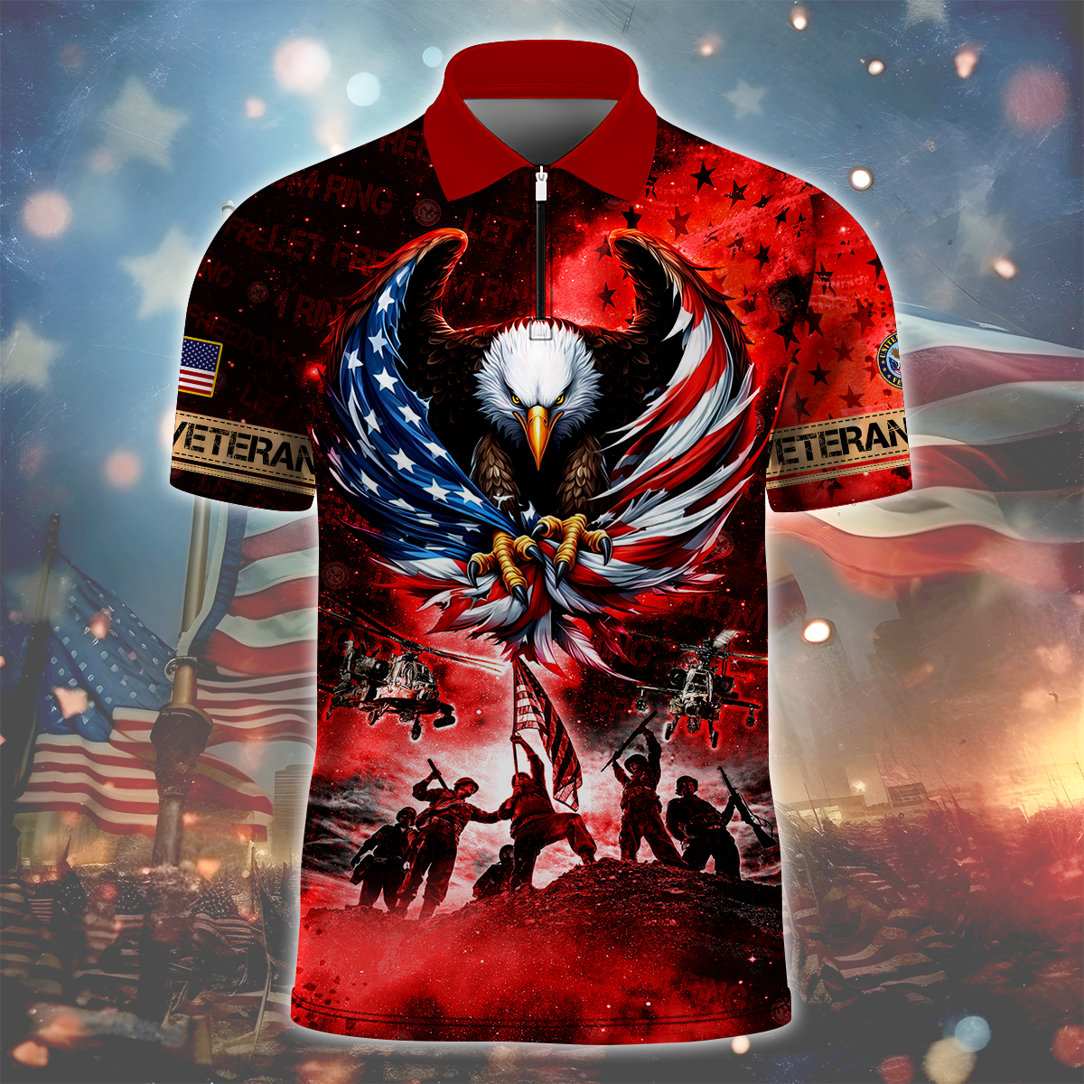 U.S Veteran - Let Freedom Ring - Zipper Polo Galaxy Red , Gifts for veterans, easychoo.com