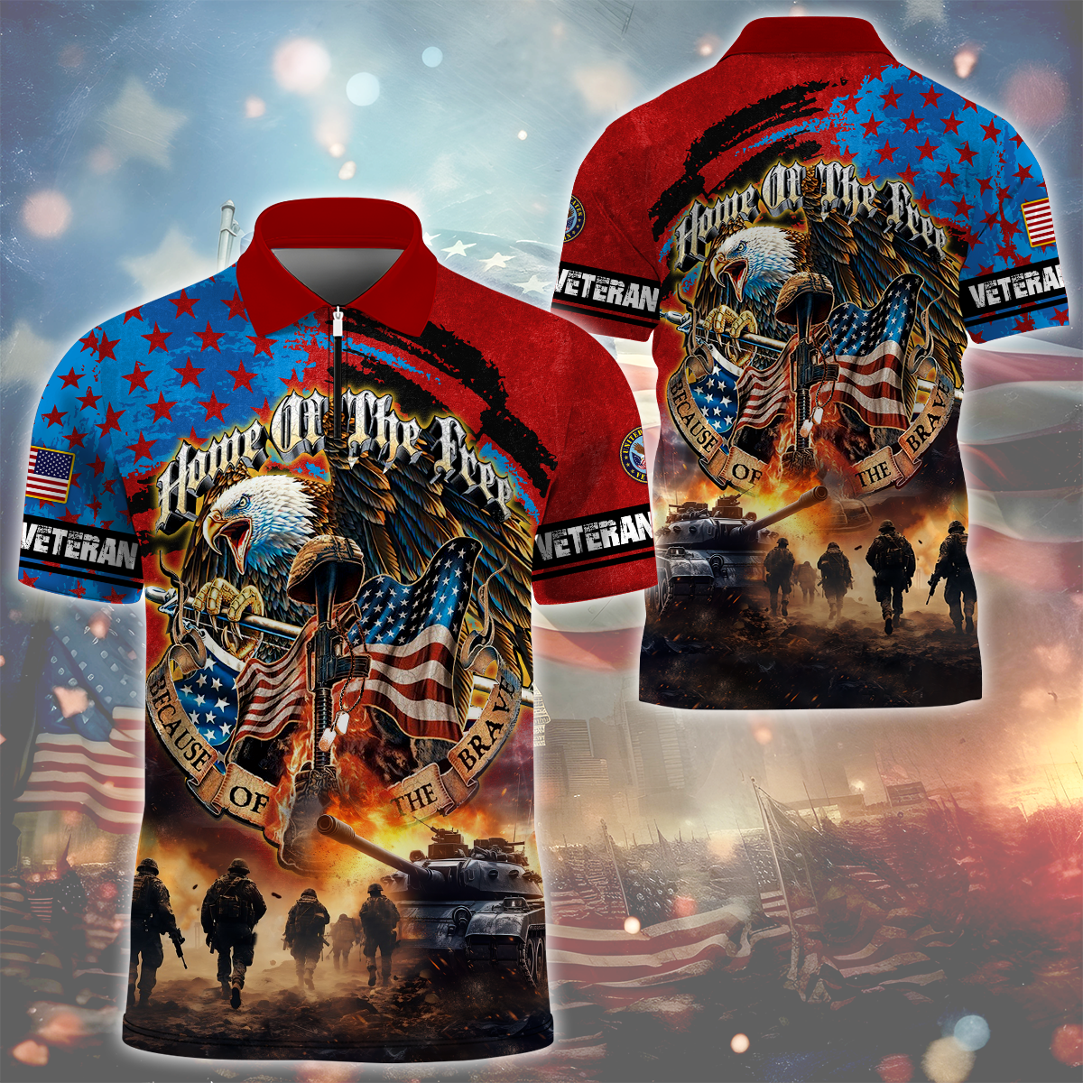 PREMIUM HOME OF THE FREE - Zipper Polo , Gifts for veterans, easychoo.com
