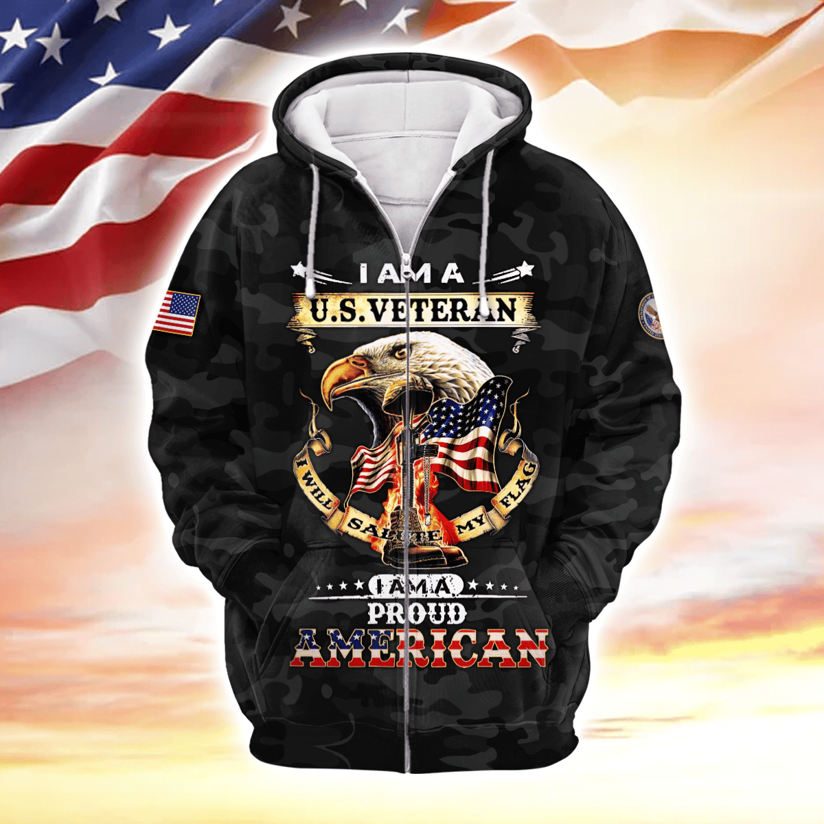 I am a U.S. Veteran i will salute my flag i am a proud America, Zip Hoodie