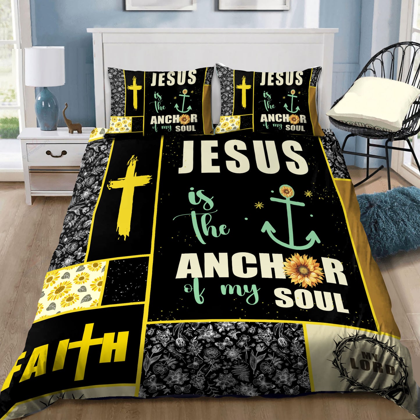Sunflower and Cross "Anchor of My Soul" Bedding Set