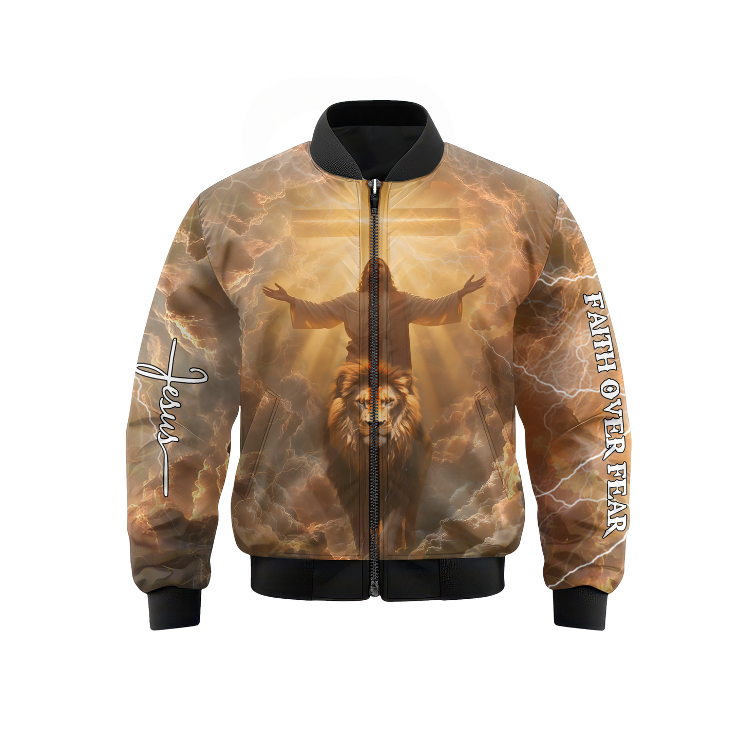 Faith Over Fear Hoodie – 3D Jesus and Lion Christian Zip Up Jacket, Powerful Religious Graphic Hoodie