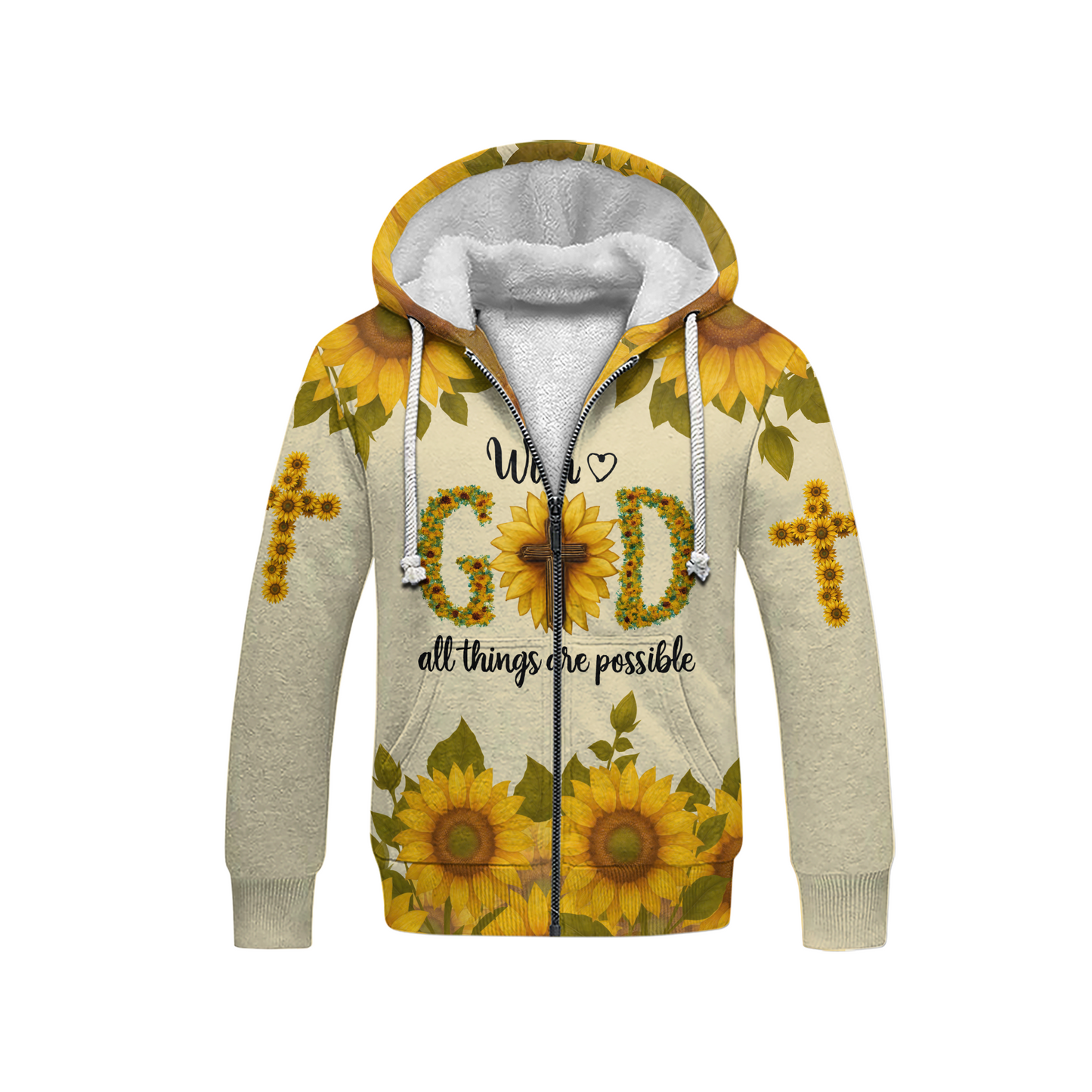 With God All Things Are Possible Sunflower Christian Hoodie – Faith Cross Zip Up Sweatshirt for Believers