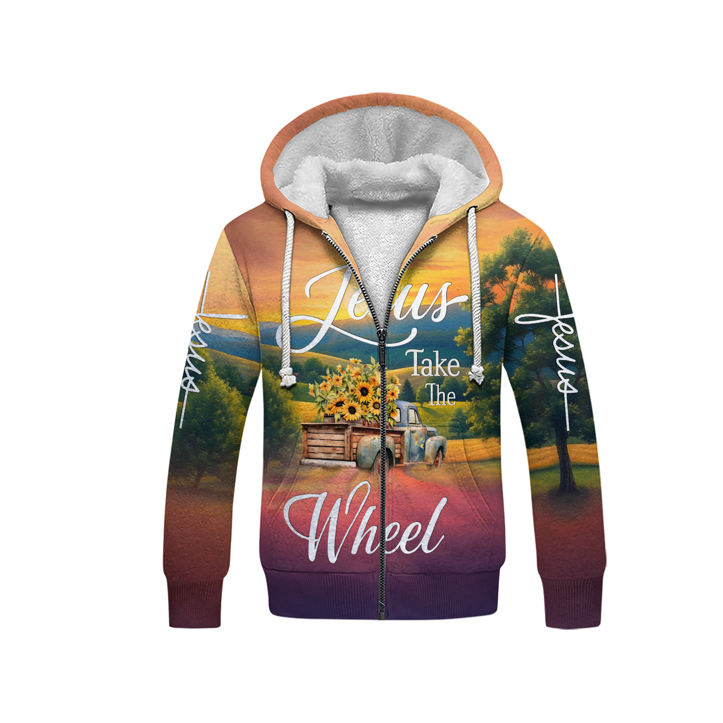 Jesus Take the Wheel – Vintage Truck with Sunflowers and Sunset Country Road Scene