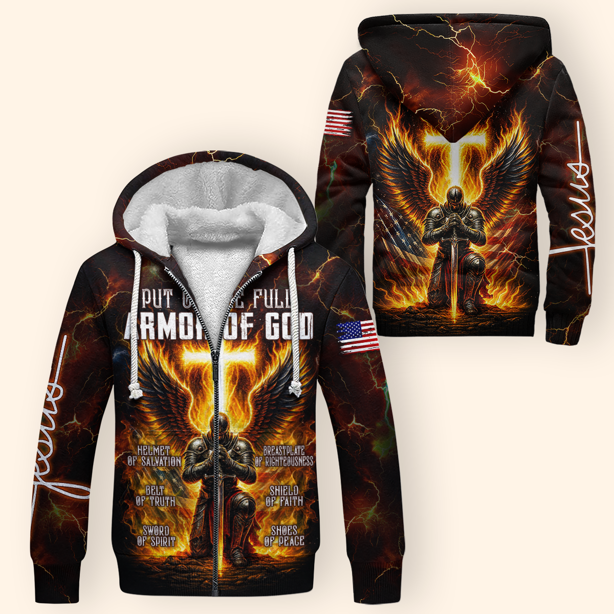Armor of God Hoodie – Christian Warrior Zip Up Sweatshirt with Cross and Bible Verse Design