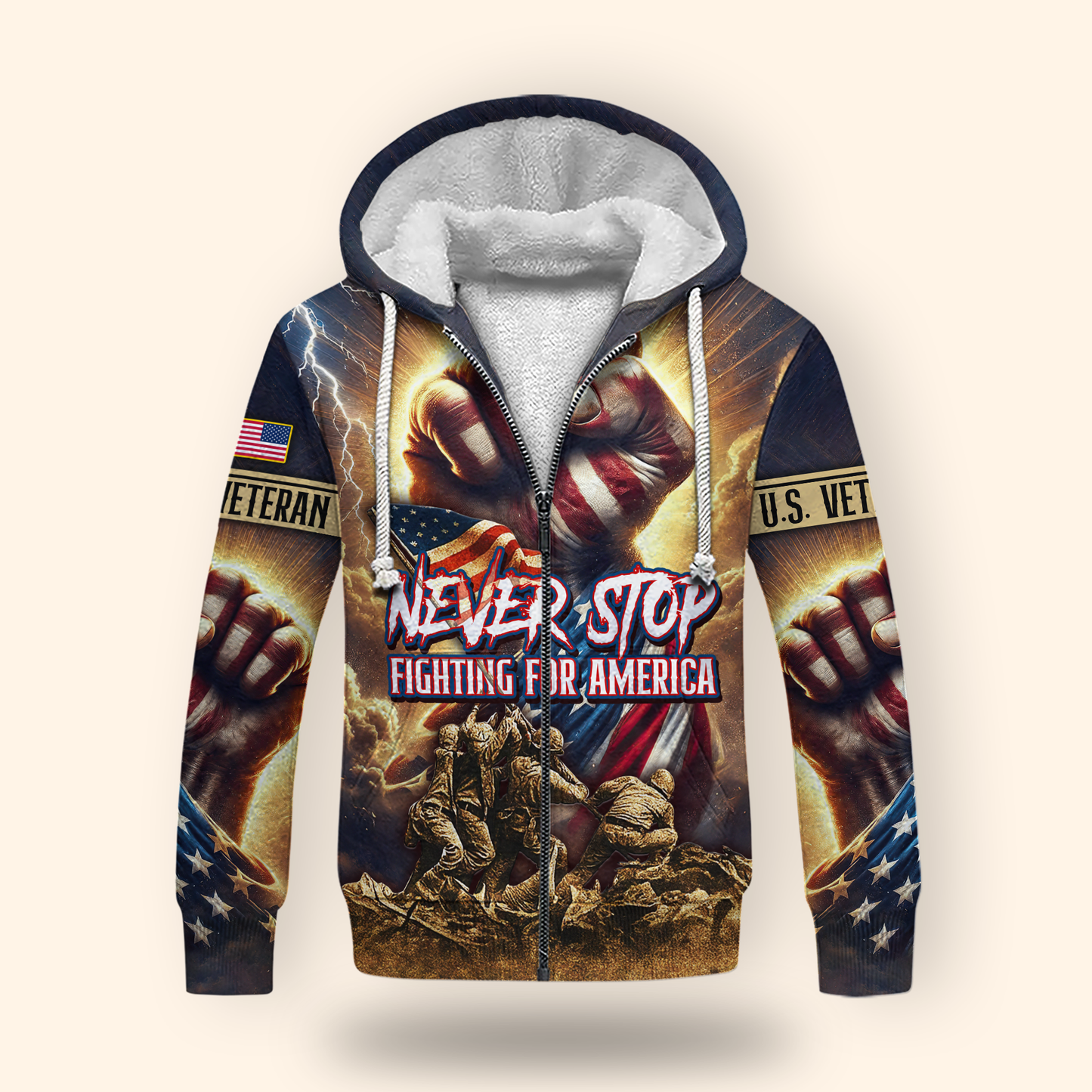 U.S. Veteran Hoodie – Never Stop Fighting for America, Patriotic Warrior Design
