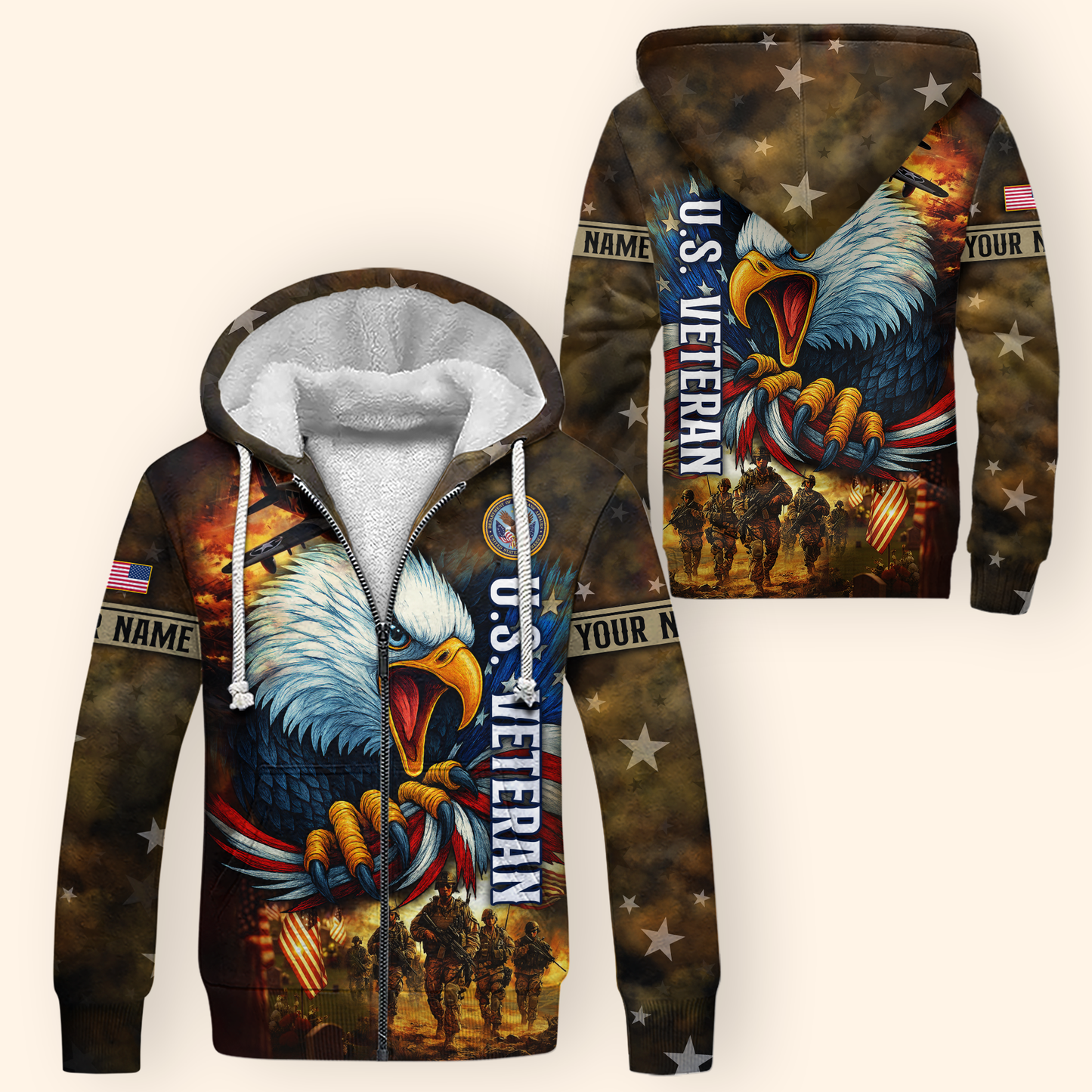 U.S. Veteran Hoodie – American Eagle and Soldiers Design, Patriotic Military Zip Up