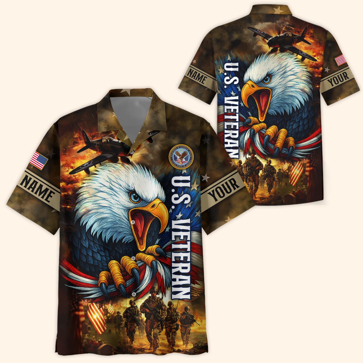 U.S. Veteran Hoodie – American Eagle and Soldiers Design, Patriotic Military Zip Up