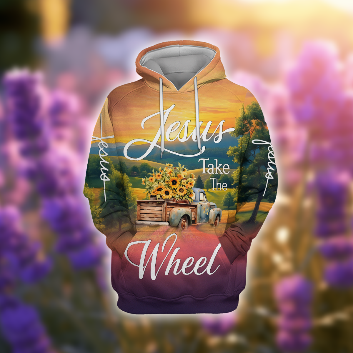 Jesus Take the Wheel – Vintage Truck with Sunflowers and Sunset Country Road Scene