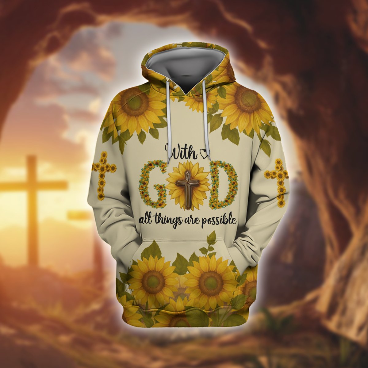 With God All Things Are Possible Sunflower Christian Hoodie – Faith Cross Zip Up Sweatshirt for Believers