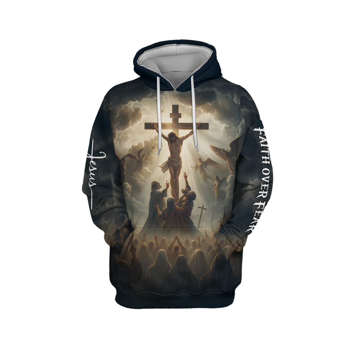 Powerful Christian Artwork – Jesus on the Cross Surrounded by Angels and Followers