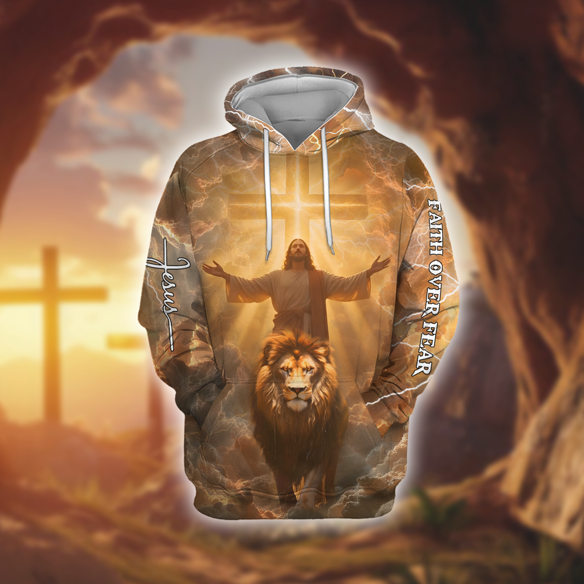 Faith Over Fear Hoodie – 3D Jesus and Lion Christian Zip Up Jacket, Powerful Religious Graphic Hoodie