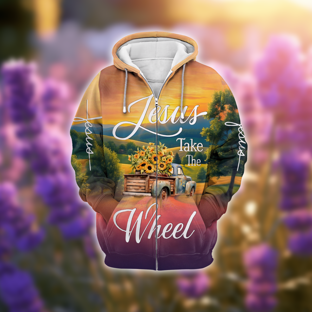 Jesus Take the Wheel – Vintage Truck with Sunflowers and Sunset Country Road Scene