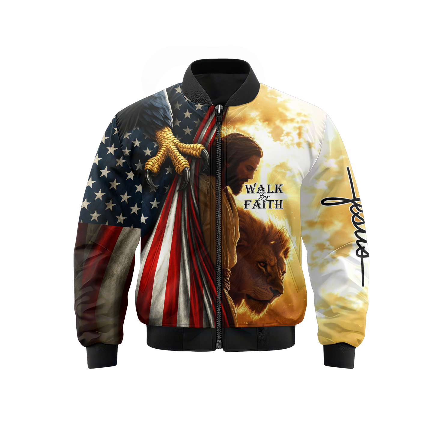 Walk by Faith Hoodie – Jesus with American Flag and Lion – Christian Patriotic Zip Up Jacket, easychoo.com