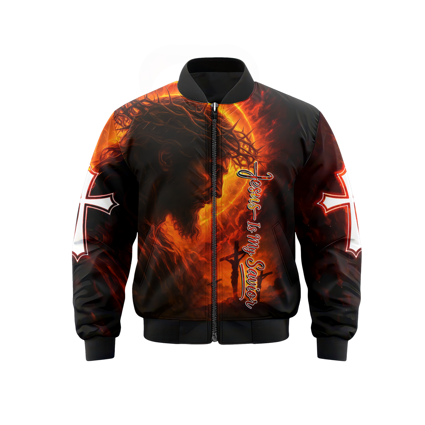 Jesus Is My Savior Hoodie – Christian Faith Cross Zip Up Sweatshirt with Crown of Thorns Design