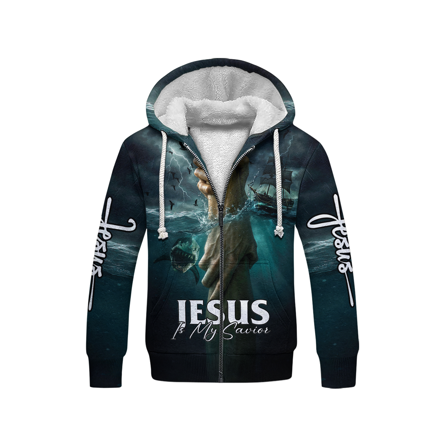 Jesus Is My Savior Hoodie – Christian Faith Zip Up Sweatshirt with Cross and Hand of God Design