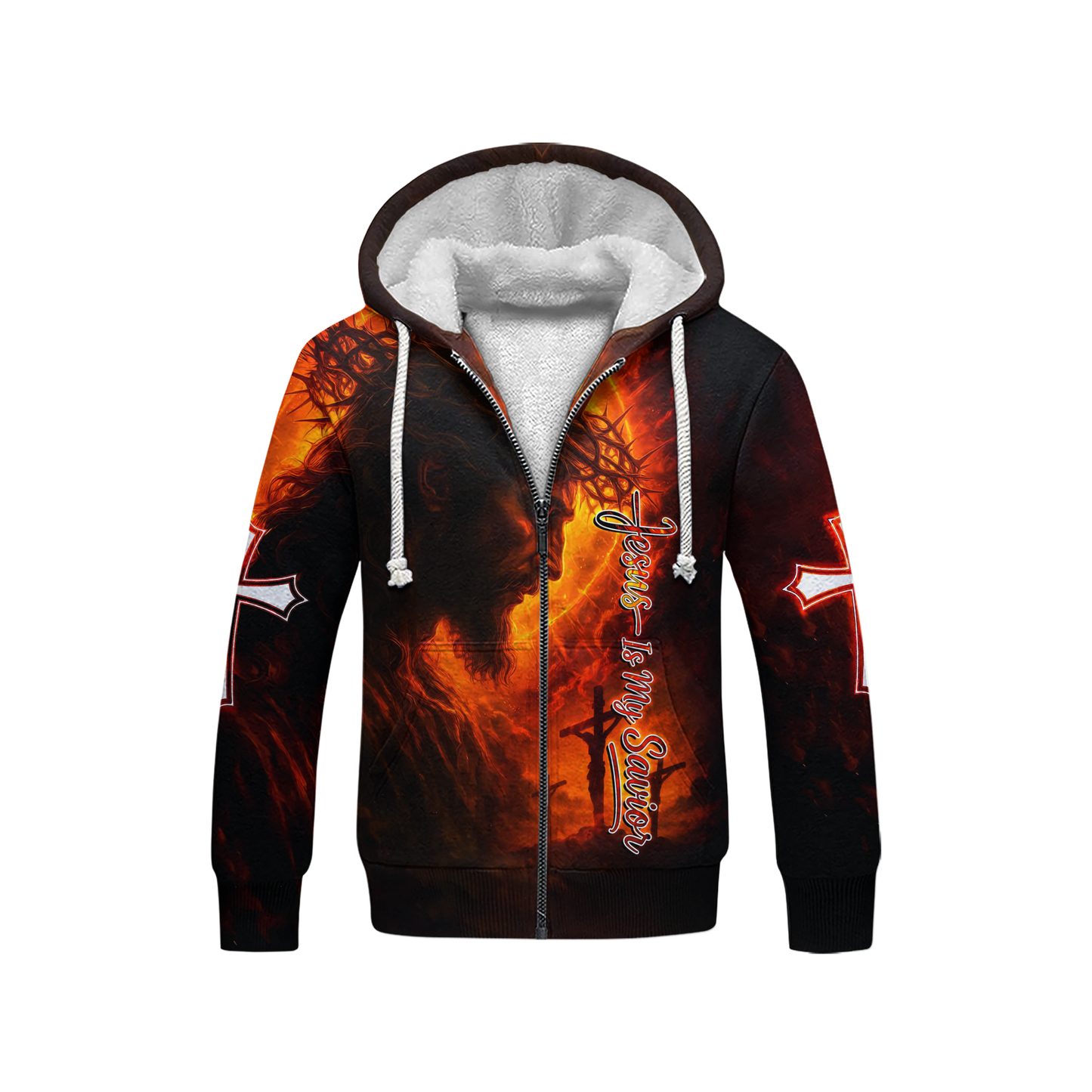 Jesus Is My Savior Hoodie – Christian Faith Cross Zip Up Sweatshirt with Crown of Thorns Design