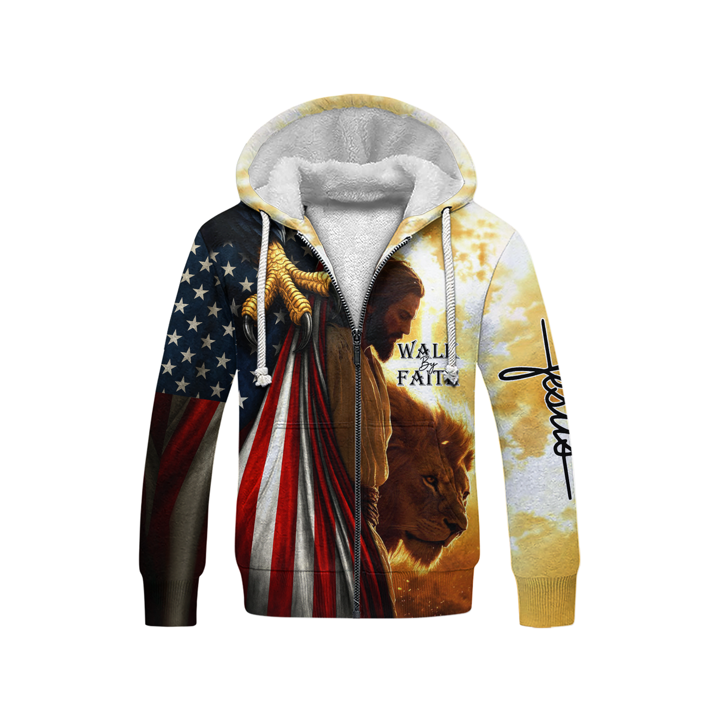 Walk by Faith Hoodie – Jesus with American Flag and Lion – Christian Patriotic Zip Up Jacket, easychoo.com