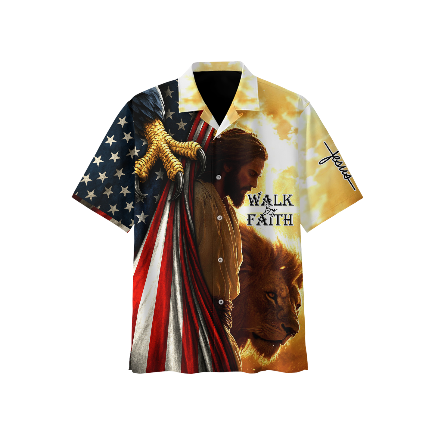 Walk by Faith Hoodie – Jesus with American Flag and Lion – Christian Patriotic Zip Up Jacket, easychoo.com