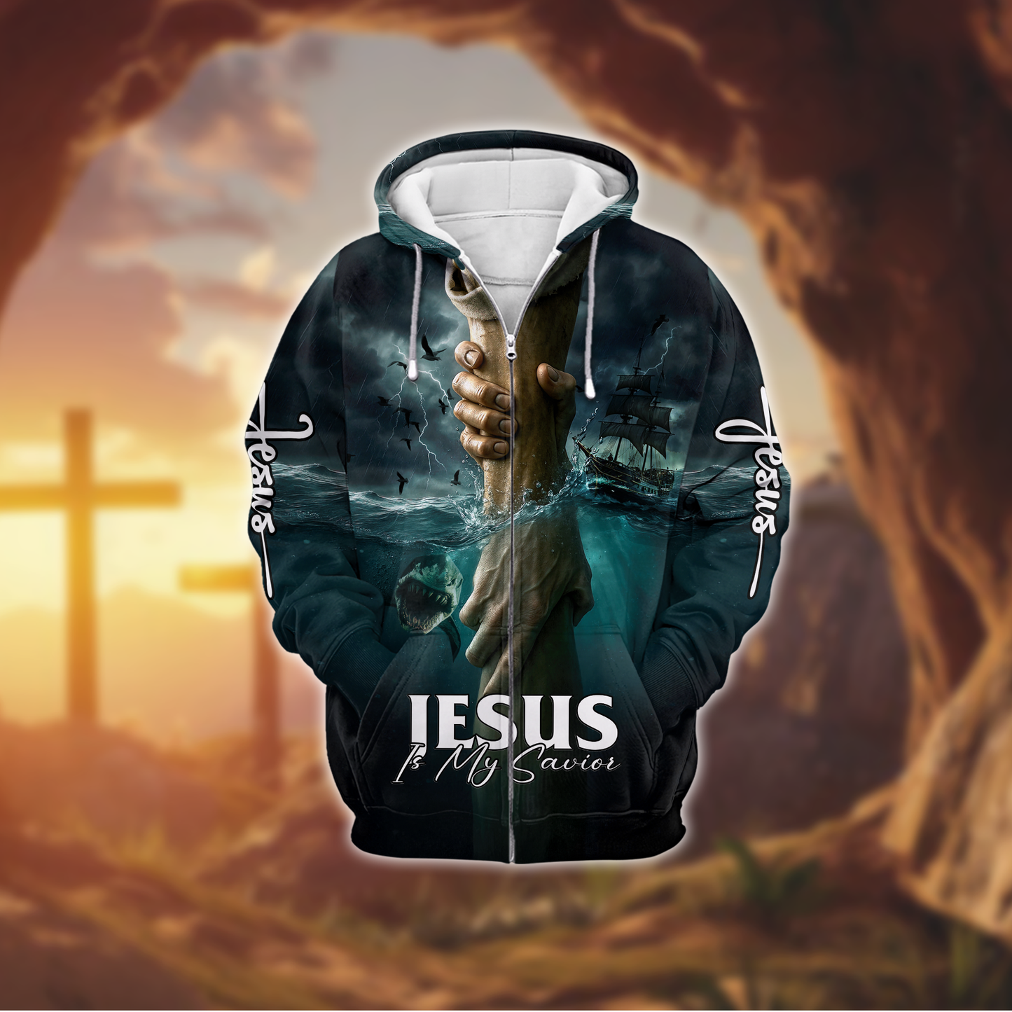 Jesus Is My Savior Hoodie – Christian Faith Zip Up Sweatshirt with Cross and Hand of God Design