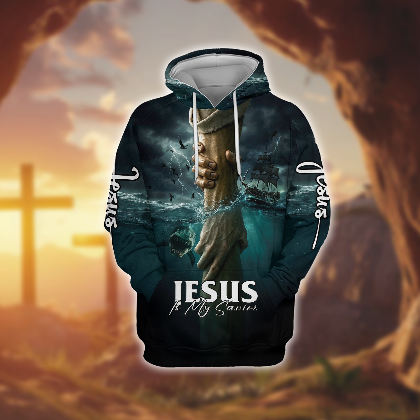 Jesus Is My Savior Hoodie – Christian Faith Zip Up Sweatshirt with Cross and Hand of God Design