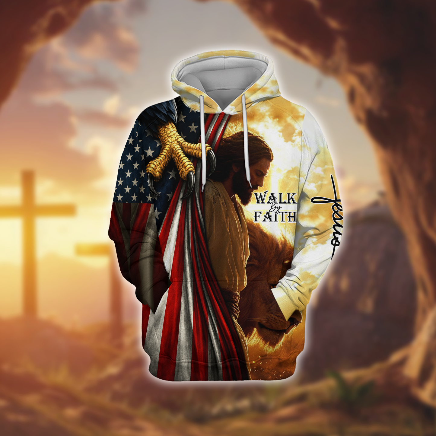 Walk by Faith Hoodie – Jesus with American Flag and Lion – Christian Patriotic Zip Up Jacket, easychoo.com