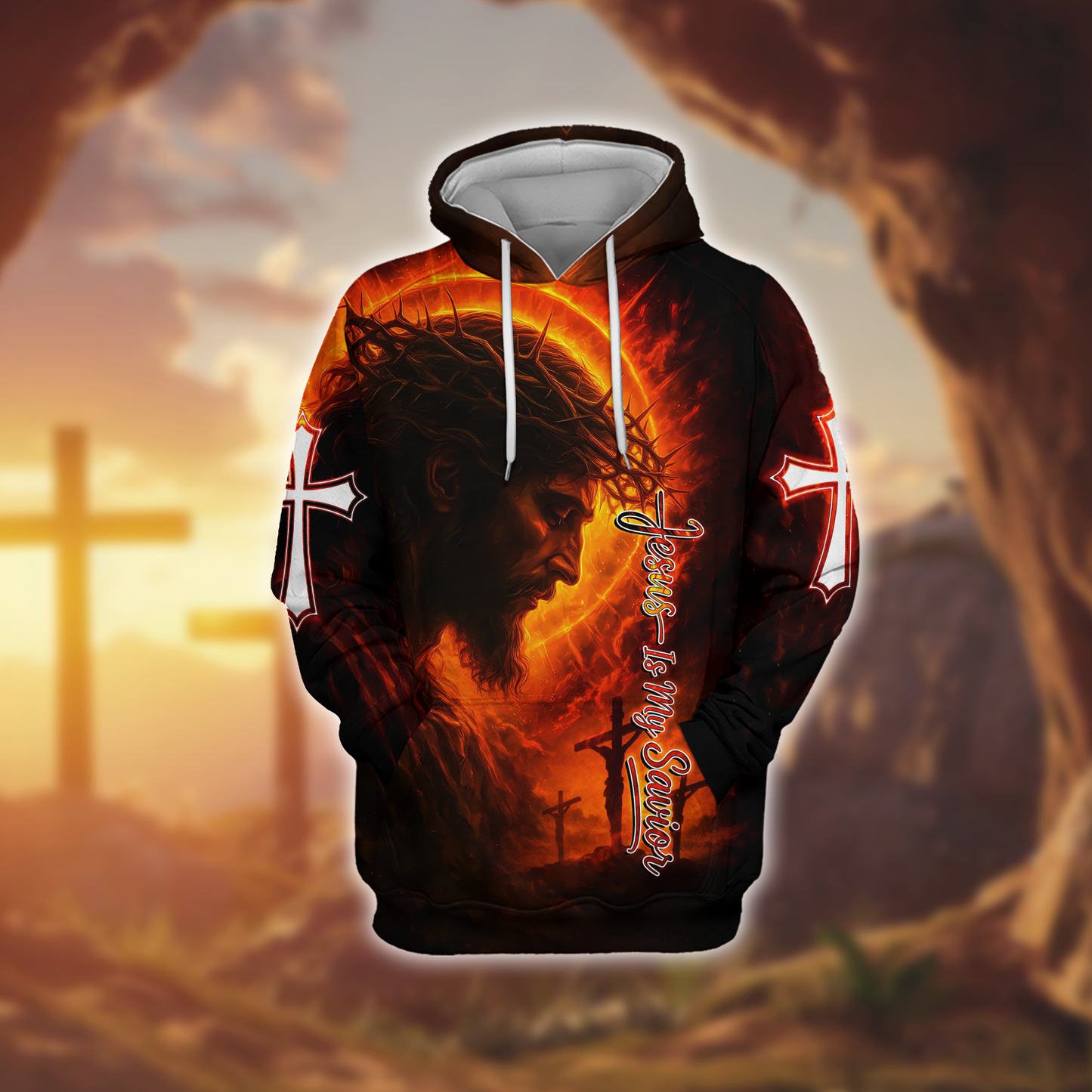 Jesus Is My Savior Hoodie – Christian Faith Cross Zip Up Sweatshirt with Crown of Thorns Design