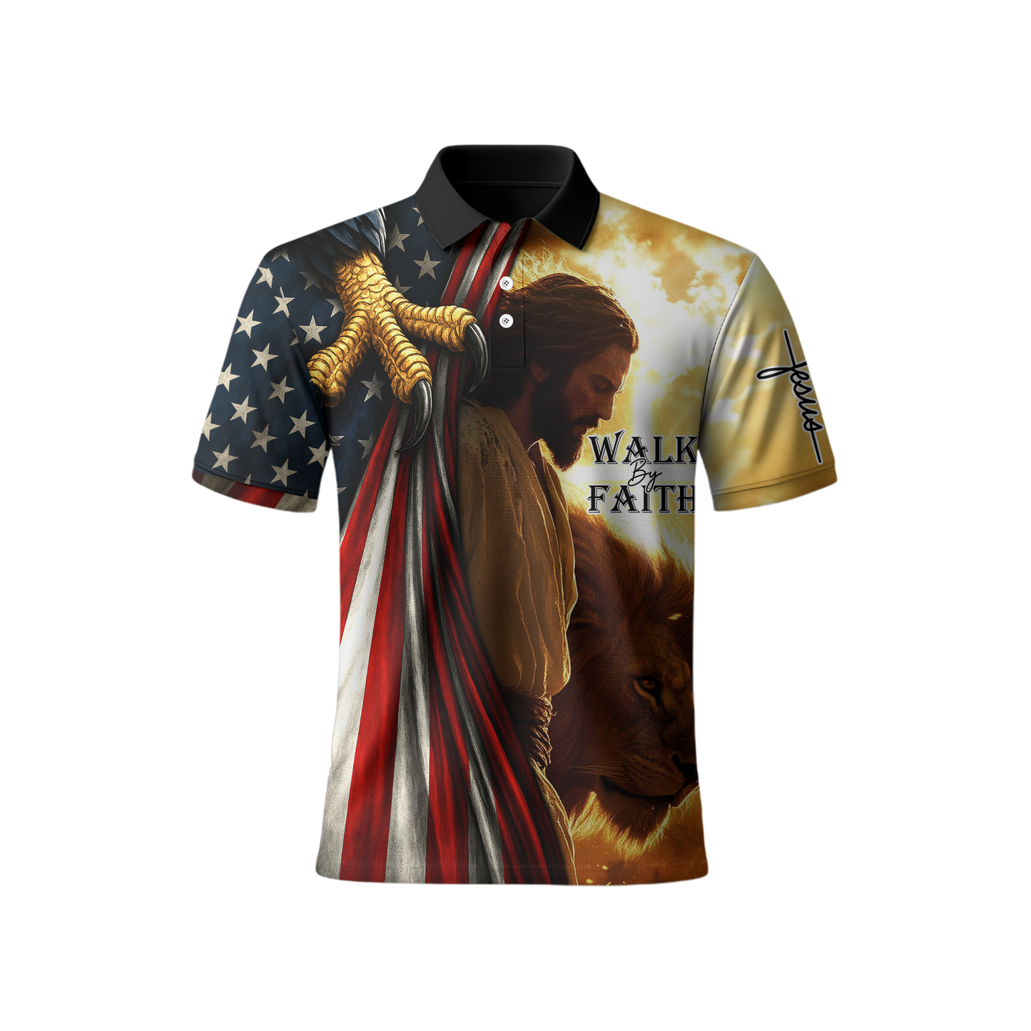 Walk by Faith Hoodie – Jesus with American Flag and Lion – Christian Patriotic Zip Up Jacket, easychoo.com