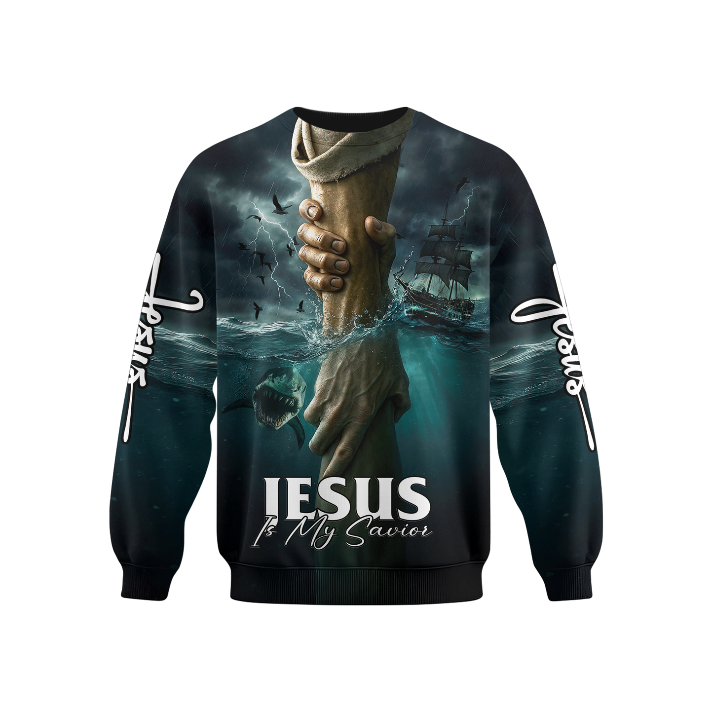 Jesus Is My Savior Hoodie – Christian Faith Zip Up Sweatshirt with Cross and Hand of God Design