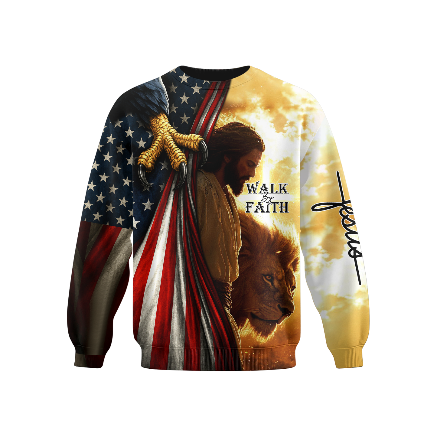 Walk by Faith Hoodie – Jesus with American Flag and Lion – Christian Patriotic Zip Up Jacket, easychoo.com