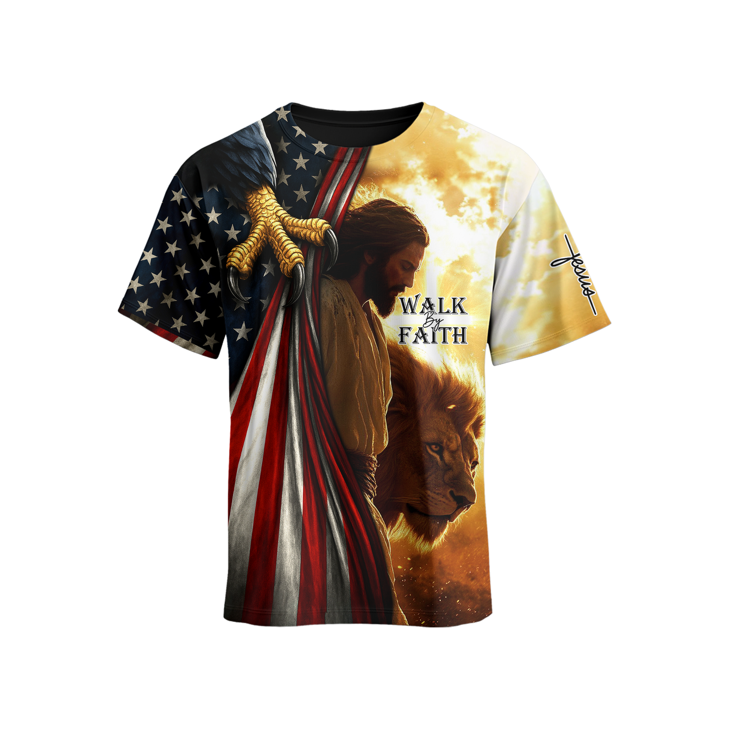 Walk by Faith Hoodie – Jesus with American Flag and Lion – Christian Patriotic Zip Up Jacket, easychoo.com