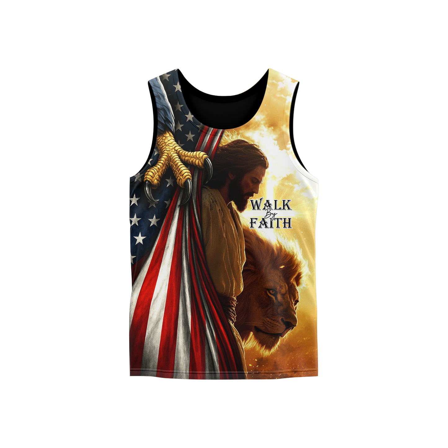 Walk by Faith Hoodie – Jesus with American Flag and Lion – Christian Patriotic Zip Up Jacket, easychoo.com