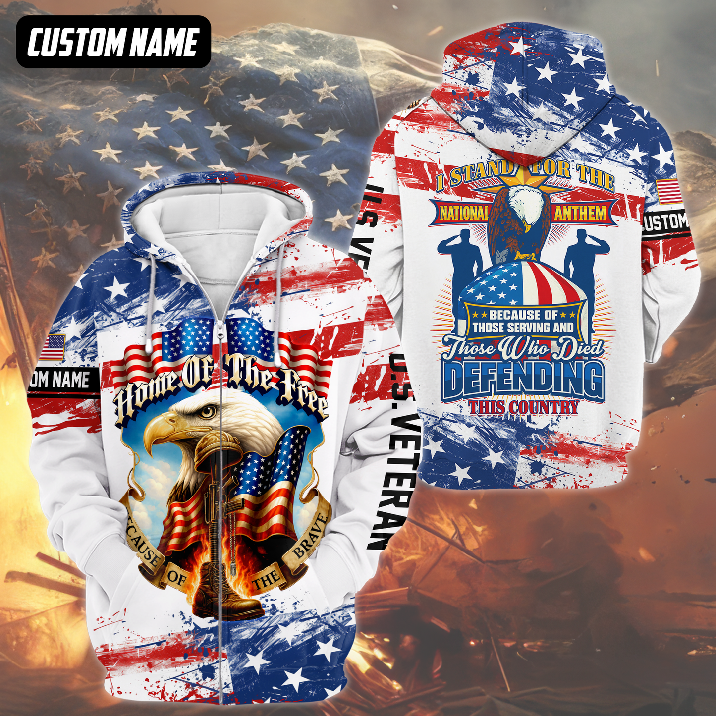 Home of The Free Because of The Brave Hoodie – Patriotic U.S. Veteran Eagle Zip Up