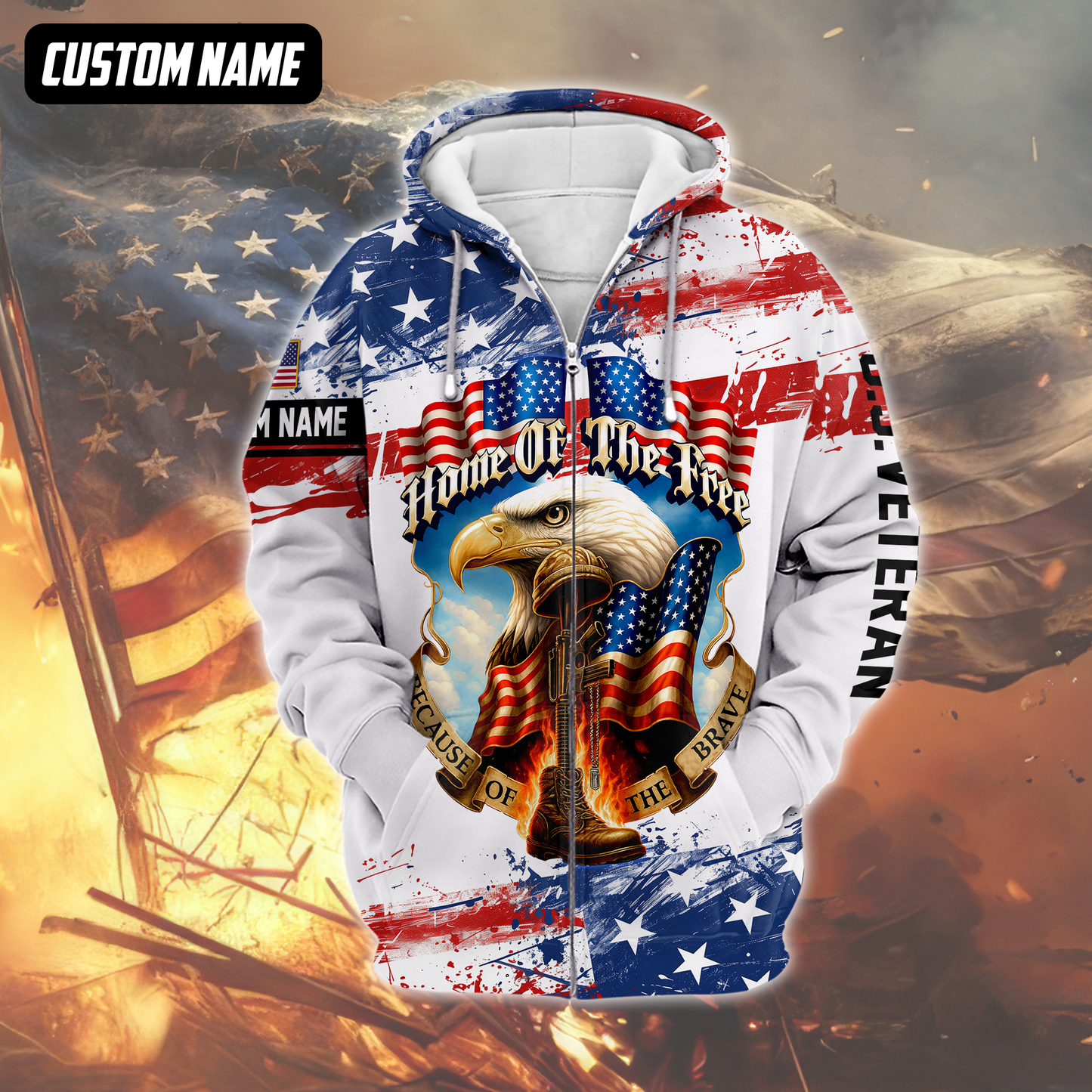 Home of The Free Because of The Brave Hoodie – Patriotic U.S. Veteran Eagle Zip Up