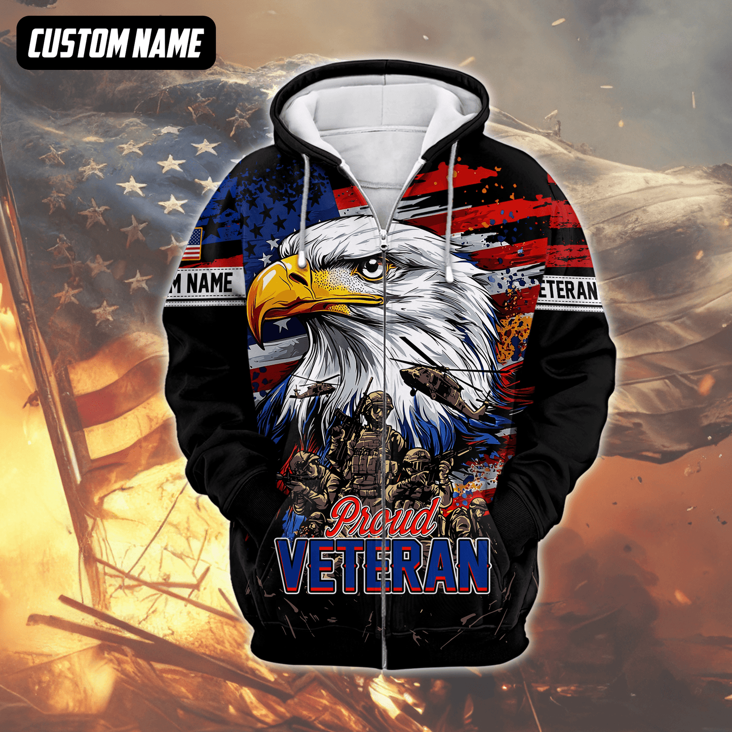 Proud Veteran Hoodie – American Eagle U.S. Flag Patriotic Zip Up