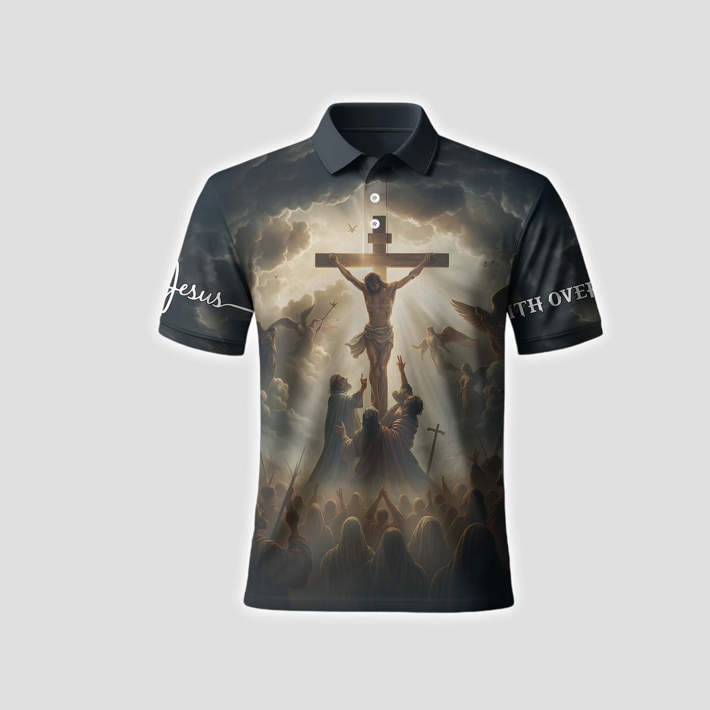 Powerful Christian Artwork – Jesus on the Cross Surrounded by Angels and Followers