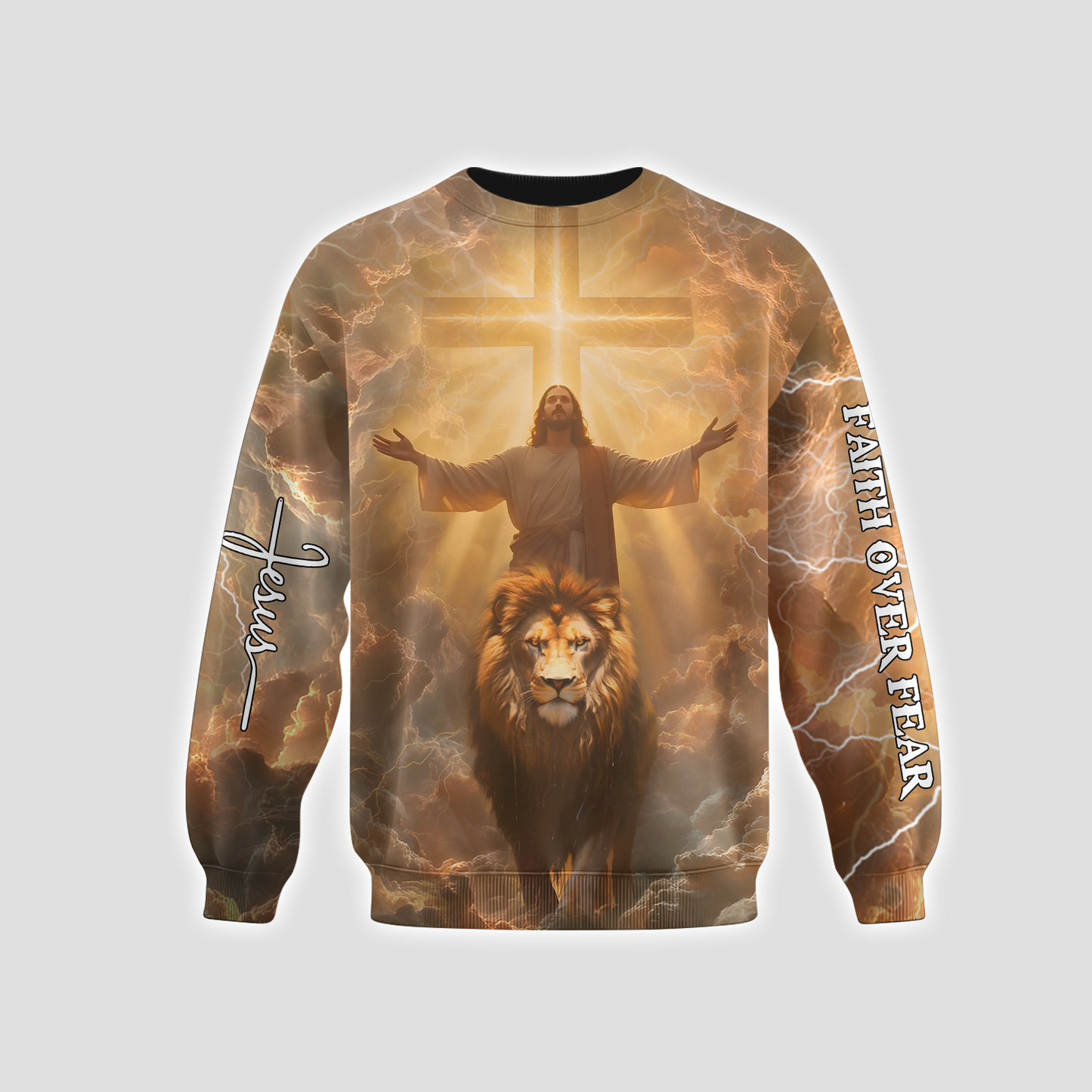 Faith Over Fear Hoodie – 3D Jesus and Lion Christian Zip Up Jacket, Powerful Religious Graphic Hoodie