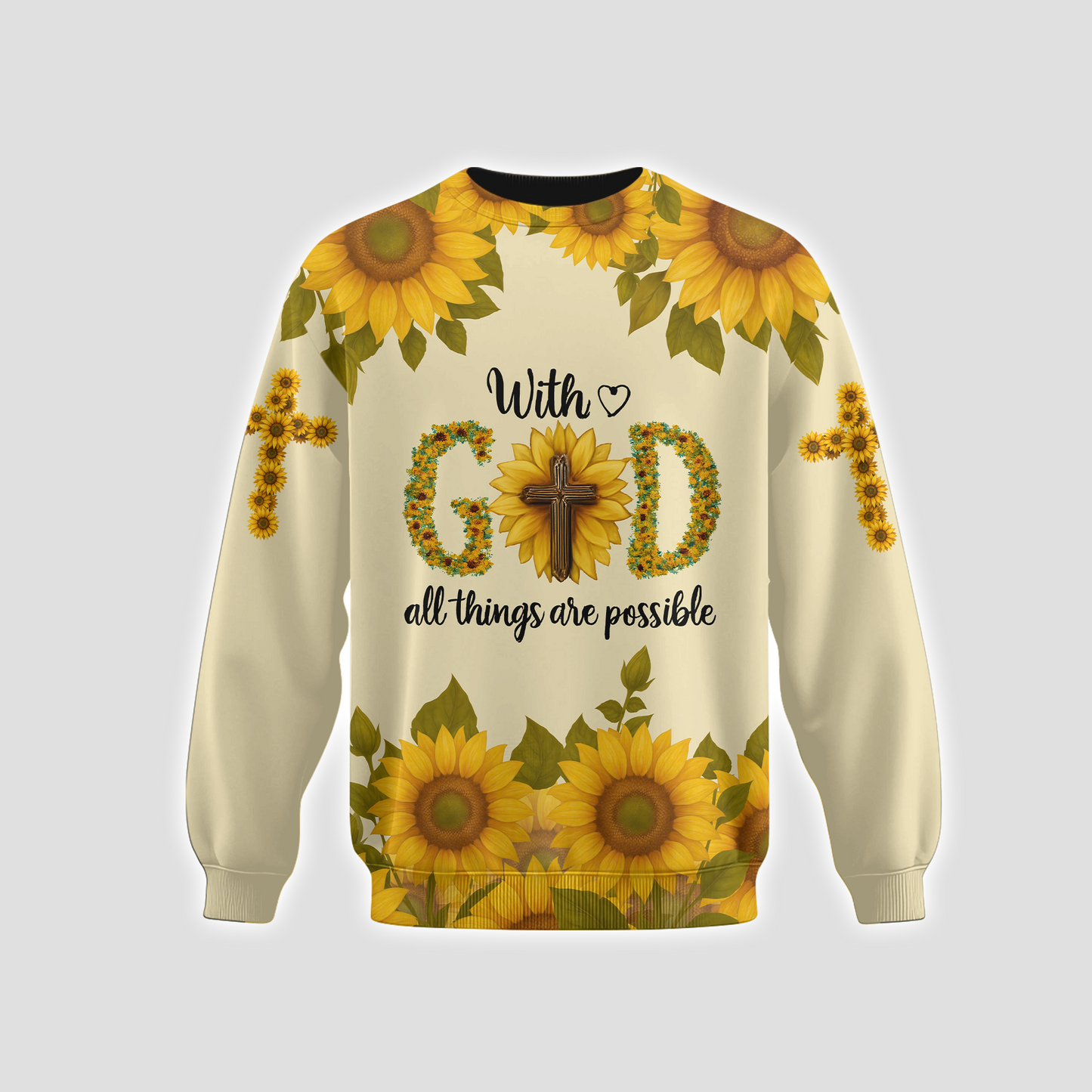 With God All Things Are Possible Sunflower Christian Hoodie – Faith Cross Zip Up Sweatshirt for Believers