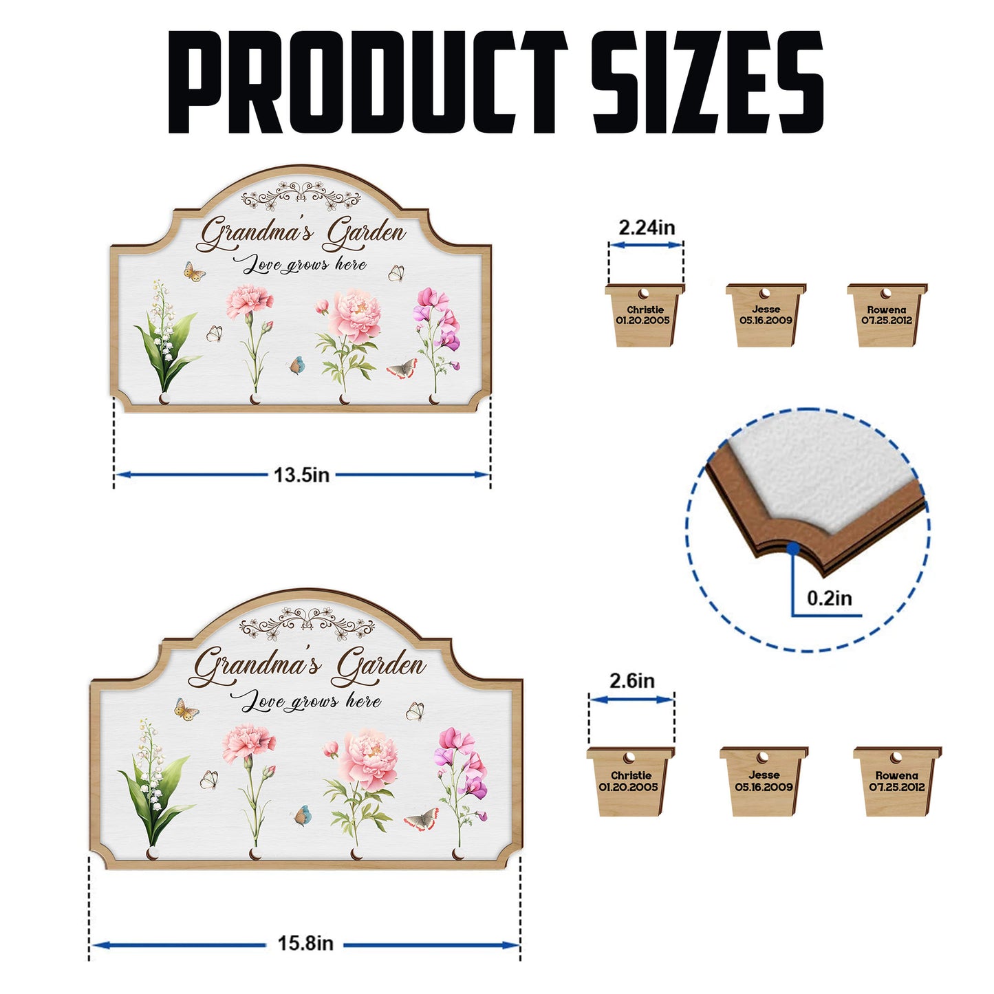 Grandma's Garden Birth Flowers - Personalized Custom Shaped Wood Sign With Wooden Tags, easychoo.com