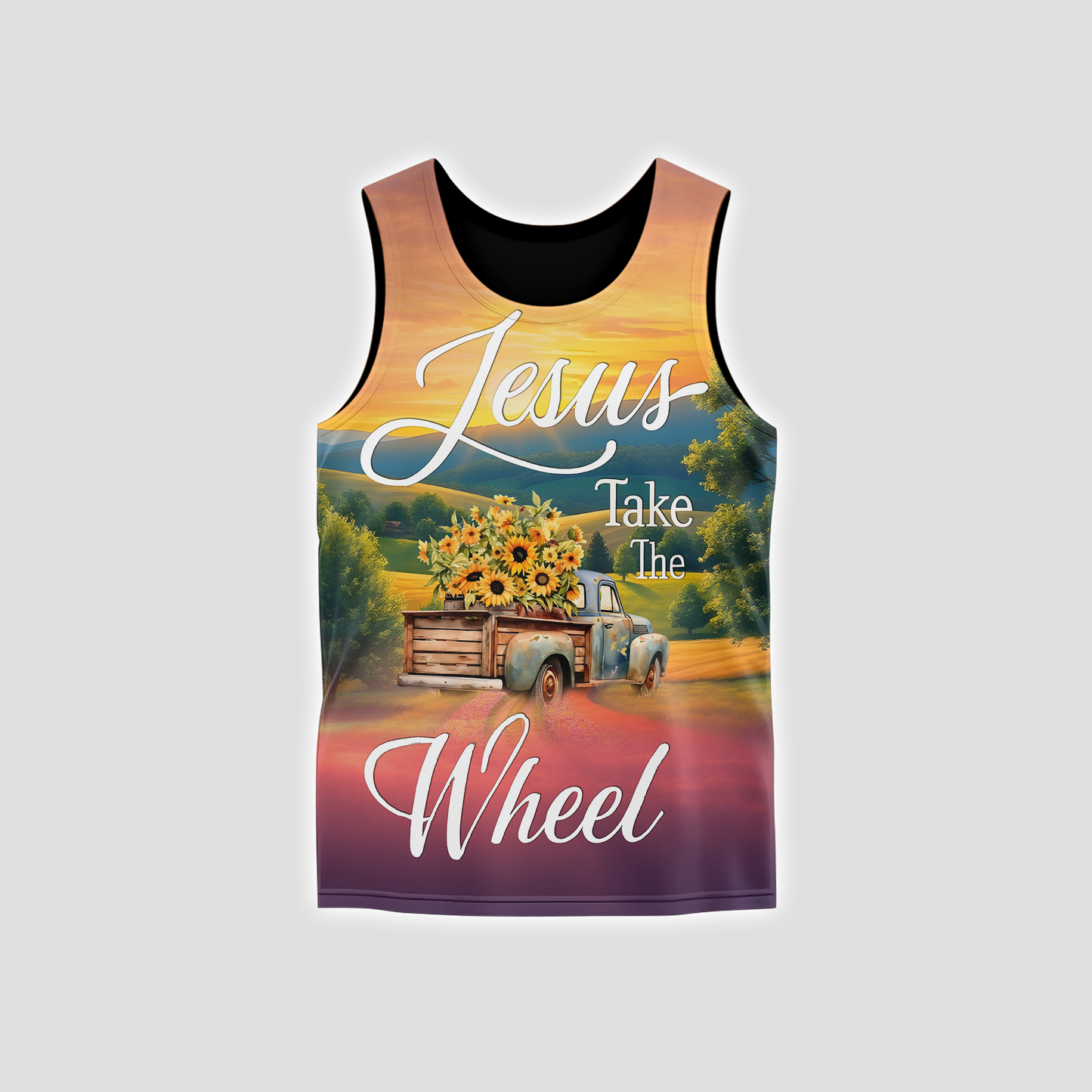 Jesus Take the Wheel – Vintage Truck with Sunflowers and Sunset Country Road Scene