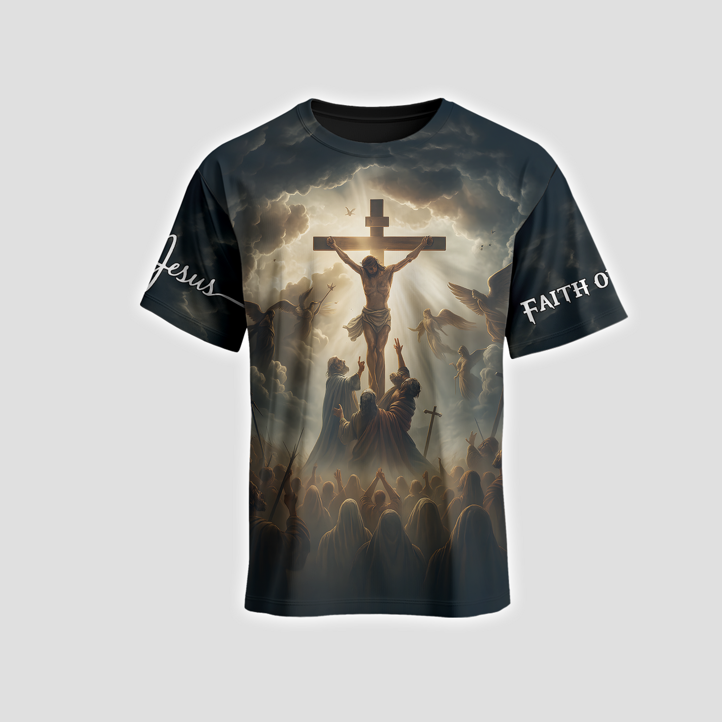 Powerful Christian Artwork – Jesus on the Cross Surrounded by Angels and Followers