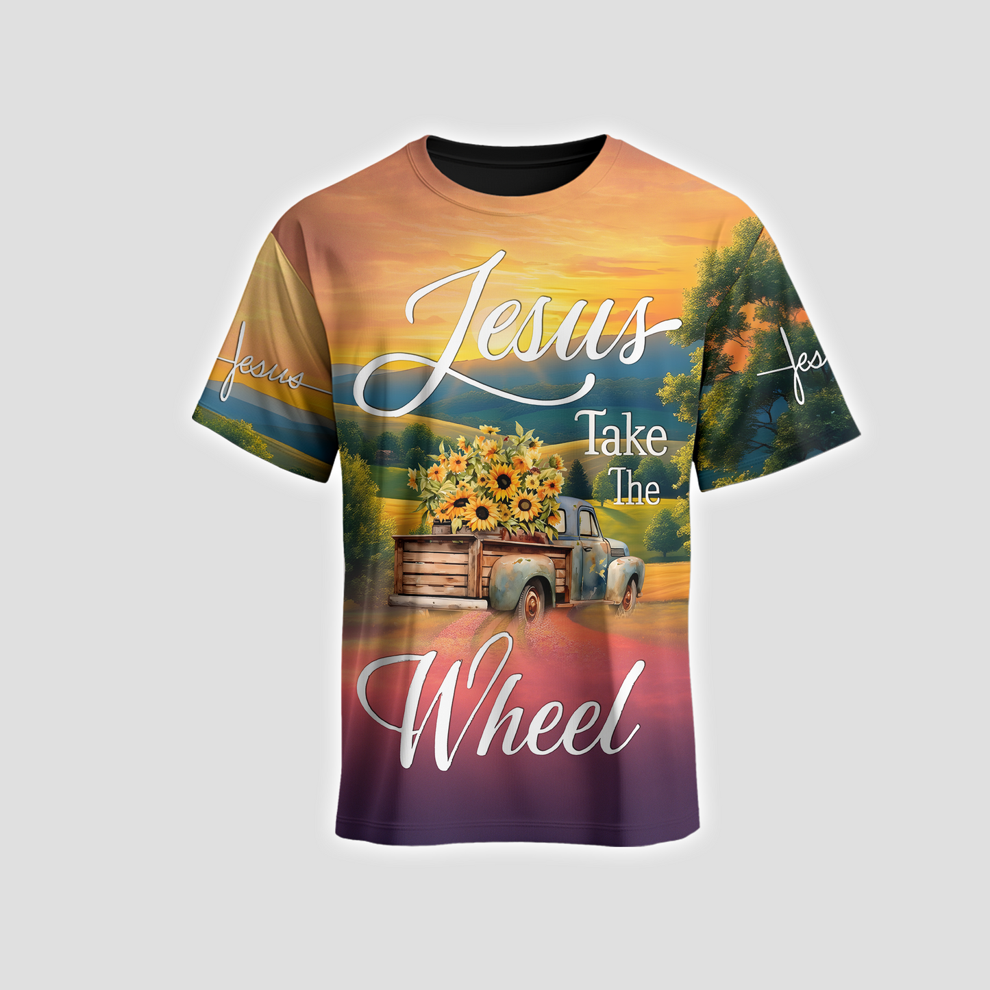 Jesus Take the Wheel – Vintage Truck with Sunflowers and Sunset Country Road Scene