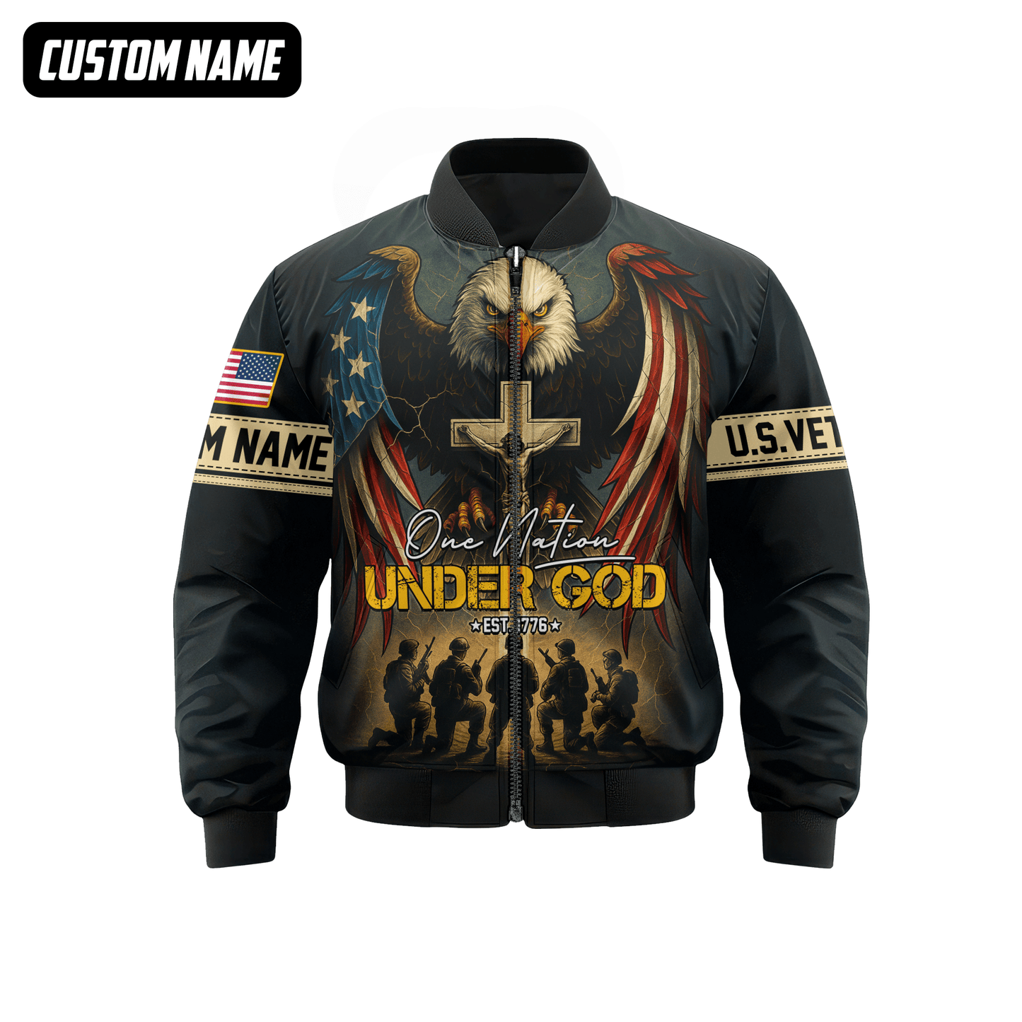 U.S. Veteran Hoodie – One Nation Under God, Eagle with Cross and Soldiers Design, easychoo.com