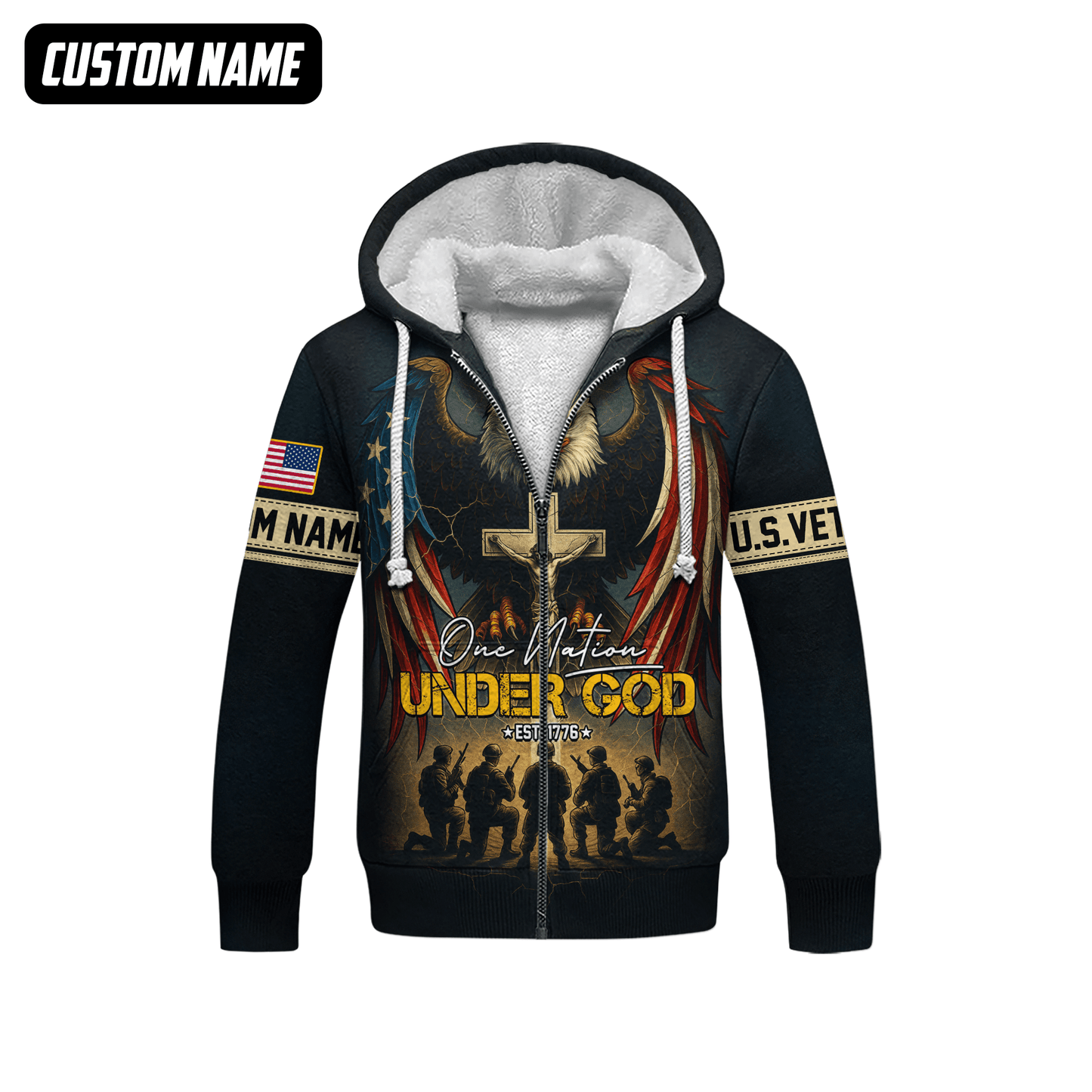 U.S. Veteran Hoodie – One Nation Under God, Eagle with Cross and Soldiers Design, easychoo.com