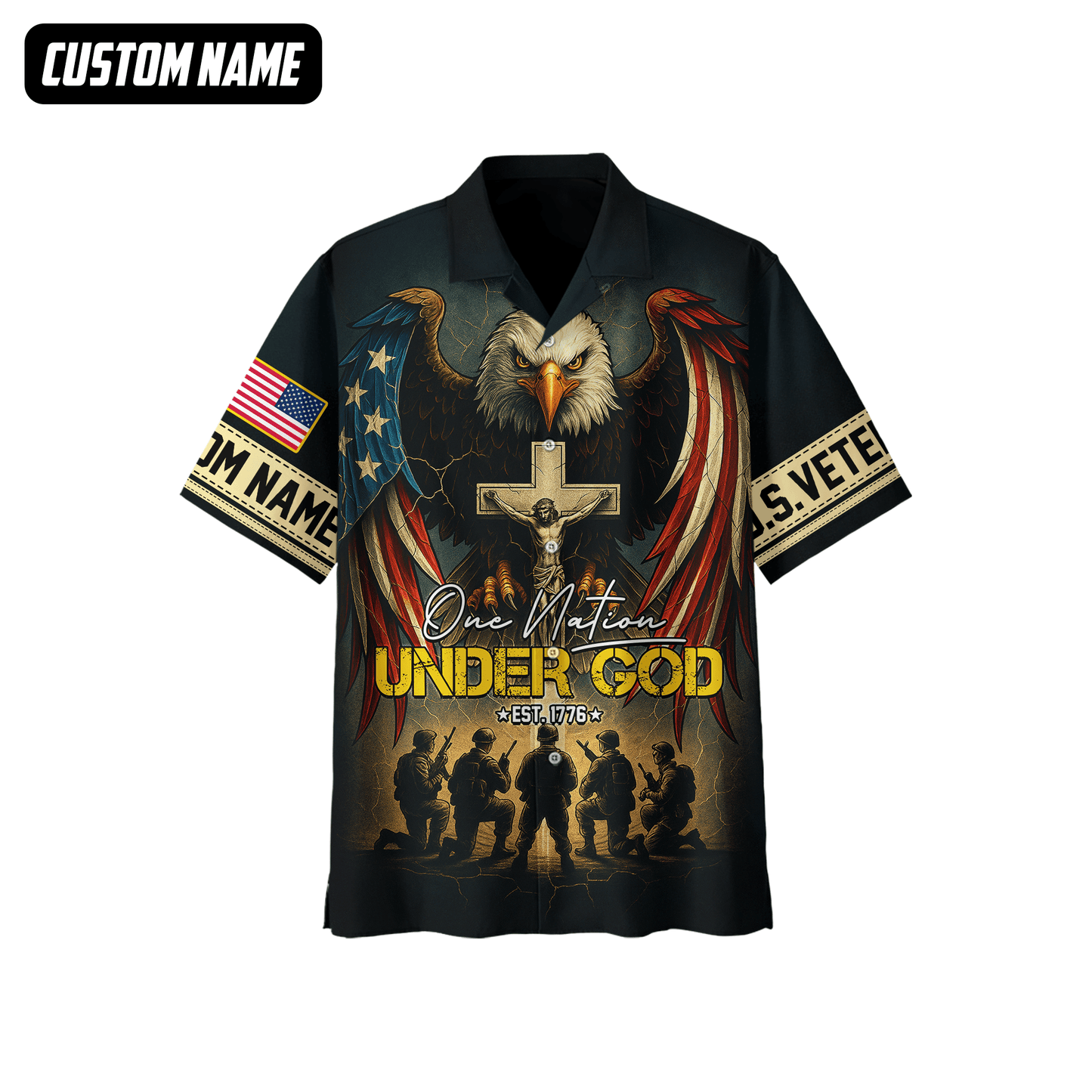 U.S. Veteran Hoodie – One Nation Under God, Eagle with Cross and Soldiers Design, easychoo.com